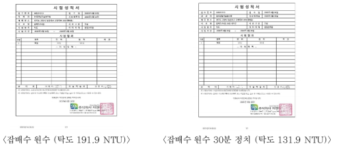 잡배수 원수 탁도 시험성적서