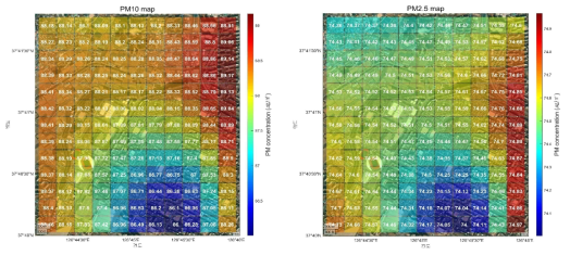 modified IDW 기반 미세먼지 지도(좌: PM10, 우: PM2.5)