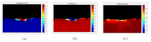 최적 ROI선정을 위한 온도, 습도 및 풍속 이미지: (a) 온도, (b) 습도, (c) 풍속