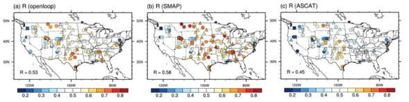 (a) JULES openloop, (b) SMAP 위성 토양수분 자료, (c) ASCAT위성 토양수분 자료의 품질 비교. 왼쪽 하단의 R값은 시간상관계수를 나타내며 빨간색은 자료의 품질이 우수함을 나타냄