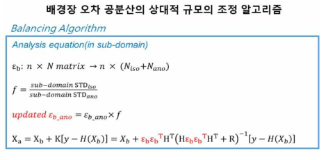 모형 장기적분을 이용하여 산출된 배경장 오차 공분산과 준 상태의존 오차 공분산의 상대적인 규모 조정 알고리즘 개요. εb : 배경오차공분산섭동, n : 모형차원(격자수), N : 앙상블수, f : 서브도메인내각배경오차공분산의표준편차비율, Xb : 배경장, Xa : 분석장, K : 칼만가중치, y : 관측값, H : 관측연산자, R : 관측오차공분산