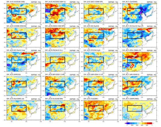 CMIP6에서 모의한 동아시아 여름철(7-8월) 지면-대기 상호작용 지수의 미래 변화. SSP585 2065-2100년 평균에서 Historical 1979-2014년 평균을 빼준 값