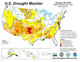 미국 NDMC의 U.S. Drought Monitor Map, D0~D4까지 가뭄 강도를 색으로 나타냄