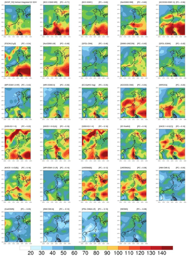 1979~2014년 36년간 북서태평양 지역에 대한 재분석자료와 CMIP6 모델의 비단열 가열(W/m2)의 표준편차 공간 분포