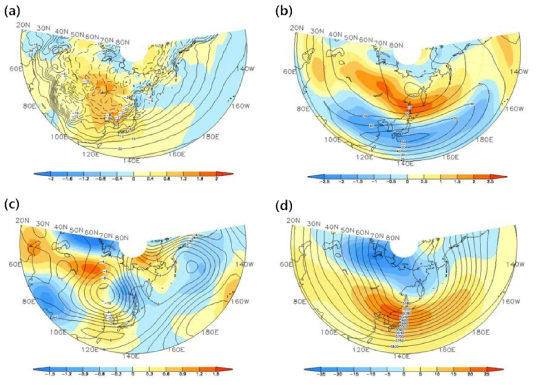 1948-2016년 북반구 겨울철(DJF)에 대한 한반도 평균된 지표 기온(K-Tas)과 (a) 지표 기온, (b) 300 hPa 동서바람, (c) 300 hPa 남북바람, 그리고 (d) 500 hPa 지위 고도의 연관성. 색조는 K-Tas와 각 변수 아노말리의 회귀지도이다. 등치선은 기후 평균값으로 변수 각각 4 K와 10 ms-1, 2 ms-1, 그리고 160 m 간격