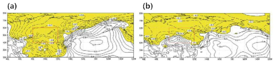 1월 한반도 평균한 지표 기온 아노말리와 관련된 해면기압 상관지도. (a) 1971-1990, 그리고 (b) 1910-2010