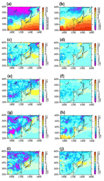 동아시아 기후평균 1월 극한기온 오차분포. 좌측 패널은 TNn, 우측 패널은 TXx. (a, b)는 ERA-interim의 기후평균, (c, d)는 CMIP5 25개 모형의 MME, (e, f)는 CMIP6 15개 모형의 MME, (g, h)는 KACE-1-0-G r1i1p1f1, 그리고 (i, j)는 UKESM1-0-LL r13i1p1f2