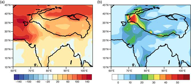 1973년부터 2014년까지 42년간 7~8월 현열속(W/m2)의 (a) 기후 평균과 (b) 표준 편차의 공간 분포