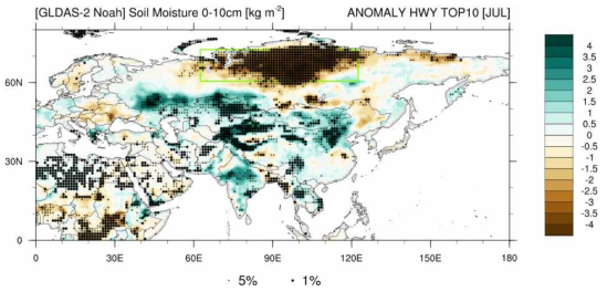 열파해 상위 10개(Table 2.2.4)에 대한 7월의 SM 합성 편차장. 초록색 박스는 SMI의 영역으로 SM을 영역평균하여 정의하였으며, 점은 유의수준을 나타냄