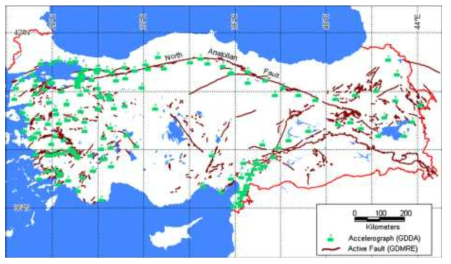 터키 GDDA의 지진관측소 위치 및 활성단층