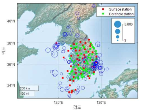 국내 내륙 및 근해 발생 규모 3.0 이상 지진(2010.1~2020.10) 진앙 및 증폭특성 평가대상 지표, 시추공 지진관측소 분포