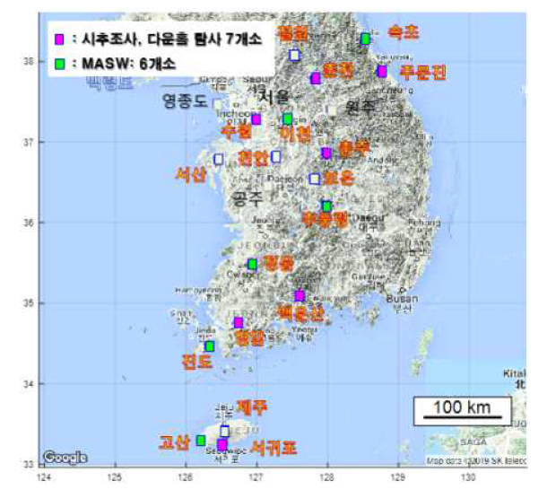 2차 지반조사 대상 지진관측소 및 적용 조사기법 분류