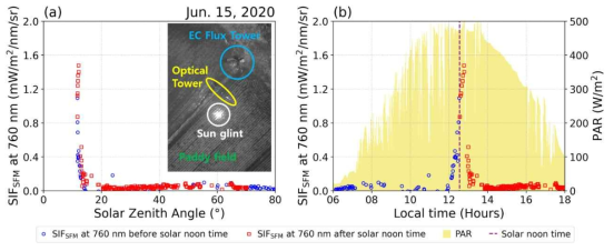 태양 고도에 따른 760 nm의 SFM 기법의 태양 유도 엽록소 형광의 변화