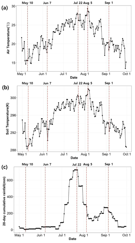 온도 및 강수 시계열 그래프 : (a) 기온, (b) 토양온도, (c) 20일 누적강수량