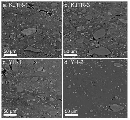 2D images of a cross-section taken from the CT images (Figure 2-11) of each sample. (a) KJTR-1; (b) KJTR-3; (c) YH-1; (d) YH-2