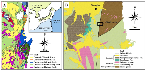 (A) Geological map of Southeastern part of Korean peninsula. Large-scale fault zone with the main trend of NNE-SSW is distributed, and the largest Yangsan fault can be identified (modified from Song et al. (2019) (B) Geological map of Yeonghae area. The Yangsan fault in the Yeonghae region, at the northernmost area, bordered the Cretaceous Ocheondong formation to the west and the Paleoproterozoic biotite gneiss to the east (modified from KIGAM, 2020)