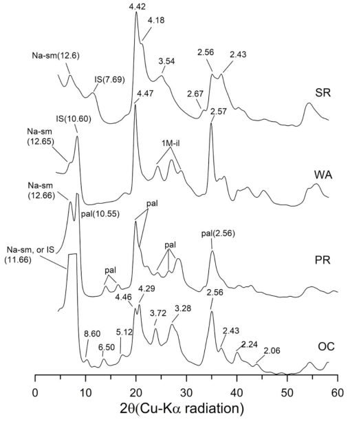 Random-oriented micro-focused XRD results for the less than 0.1 μm fraction of the fault gouges, collected from some major faults in the Gyeongsang basin. Na-sm indicates Na-saturated smectite. Other abbreviations are the same as those in Figure 2-21