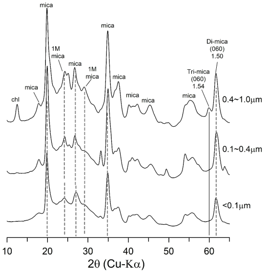 Random-mounted X-ray diffraction results for some size fraction samples of a representative fault gouge (SN-10) from the Yeonghae area using Micro-focused XRD. Abbreviation: chl; chlorite, Tri-mica; trioctahedral mica, Di-mica; dioctahedral mica