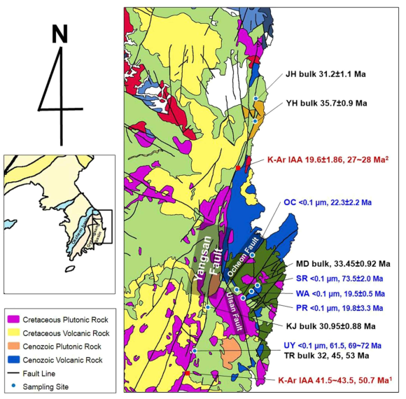 Summary of the K-Ar age-dating results determined by this study and some previous studies for the major faults occurred in the Gyeongsang basin. Geological map is modified from the map of KIGAM(1:1,000,000). The K-Ar age-dating results collected from 1. Song et al.(2016) and 2. Sim et al.(2017)