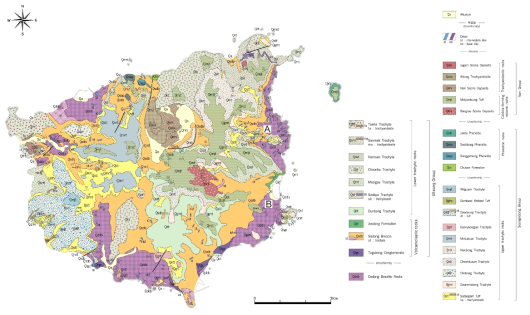 Generalized geological map of the Ulleung Island after Hwang et al. (2012), showing the sampling localities of Naesujeon hill (site A) and Jeodong hill (site B) in the extracaldera