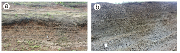 Outcrop photographs showing the depositional features in U-3 and U-2 members of the extracaldera Maljandeung Tuff. (a) Overall view of the pyroclastic sequence of the U-3 and U-2 members near the Naesujeon hill; (b) Overall view of the upper pyroclastic sequence of the U-2 member near the Naesujeon hill