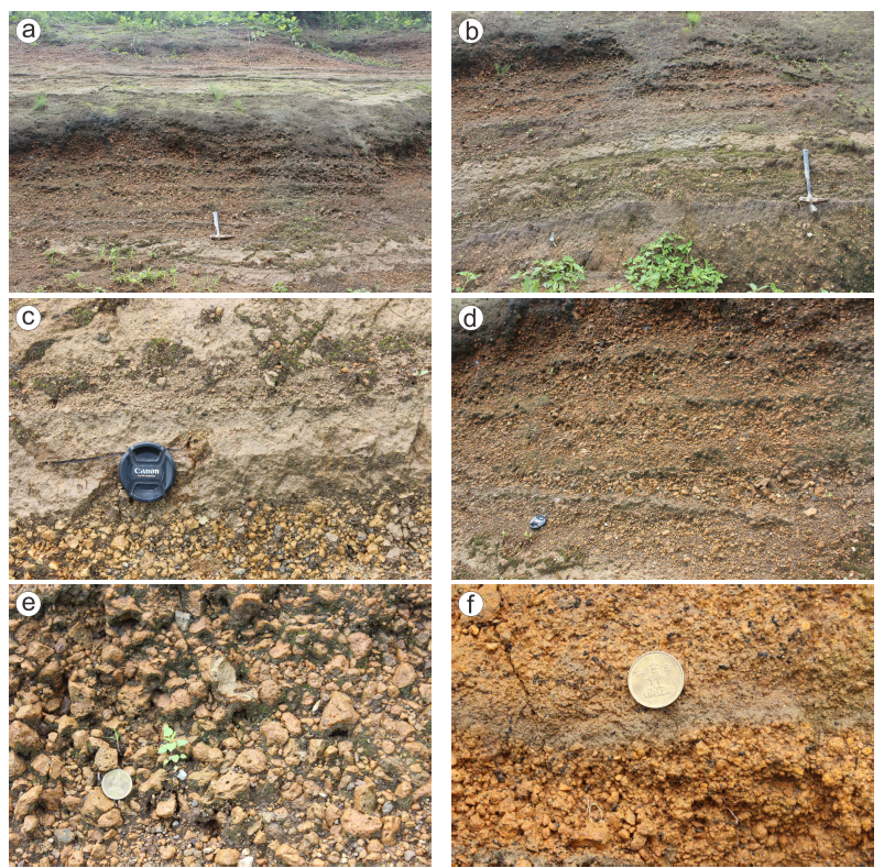 Outcrop photographs showing some lithofacies in U-4 and U-3 members of the extracaldera Maljandeung Tuff near Naesujeon hill. (a) Overall view of extracaldera pyroclastic sequence; (b) Pumice deposits of the upper U-4 member; (c) Coarse tuffs and lapillistones to lapilli tuffs in the lower U-3 member; (d) Pumice deposits in the upper U-3 member; (e) Openwork feature of the pumice deposits; (f) Air-fall tuff between both pumice beds