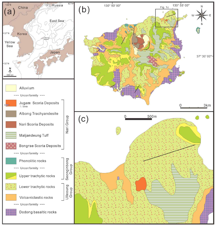 (a) Location map; (b) Geological map of the Ulleung Island; (c) Geological map around the Jugam scoria cone, modified from Hwang et al. (2012)