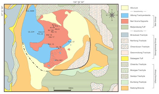 Geological map of Nari caldera region, showing the sampling sites in the Nari Scoria Deposits and Albong Trachyandesite