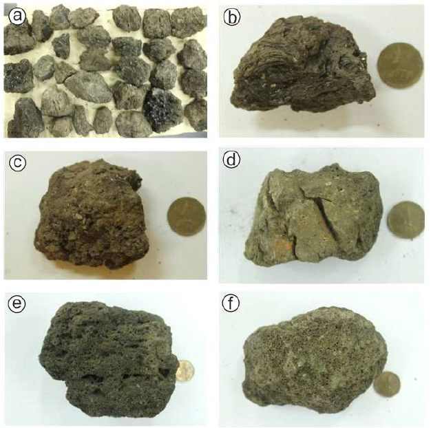 Various scoriae collected from the surface of the Nari Scoria Deposits. (a) scoriaceous lapilli showing various vesicularities; (b) Scoriaceous bomb with fluidal surface; (c) Scoriaceous bomb showing cauliflower form; (d) Scoriaceous bomb with bread-crusted cracks; (e) Scoriaceous bomb characterized by fine to coarse vesicles; (e) Scoriaceous bomb characterized by medium to fine vesicles