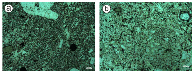 Photomicrographs at the same scale for (a) low density lava (LDL), and (b) high density lava (HDL). Length of the white bars in bottom right corners of all images is 200 μm