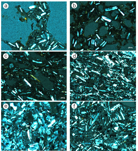 Representative images of lithologies showing features of groundmass feldspar microlites. (a) Highly vesicular scoriae (HVS) from Nr 3 at the Slope; (b) Moderately vesicular scoriae (MVS) from Nr 15 at the Flat; (c) Lowerly vesicular scoriae (LVS) from Nr 18 near the dome; (d) Low density lava (LDL) from UL 22 on the dome; (e) High density lava (HDL) from UL 23 on the dome; (f) Low density lava (LDL) from UL 22 at the coulee