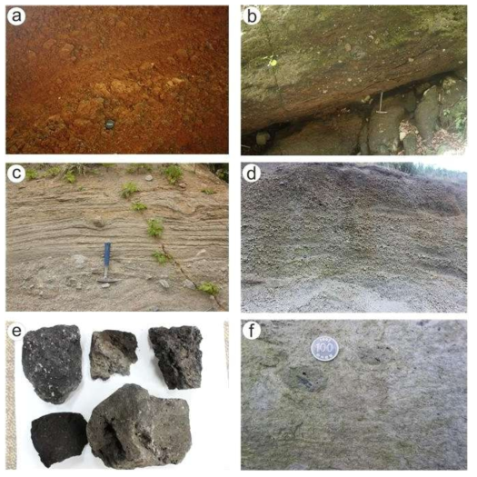 Features of major outcrops in Nari Group. (a) Scoria beds showing normal grading, and (b) massive welded in Bongrae Scoria Deposits; (c) Tuff and lapilli tuff showing better bedding and bomb-sag, and (d) pumice deposits in Maljandeung Tuff; (e) Some scoriae from Nari Scoria Deposits; (f) Albong Trachyandesite lava including some vesicular scoriae