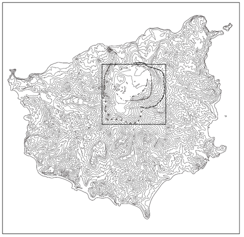 Topographic map with 50 m contour interval. The rectangular box in the map represent the location of Fig. 2 and 3