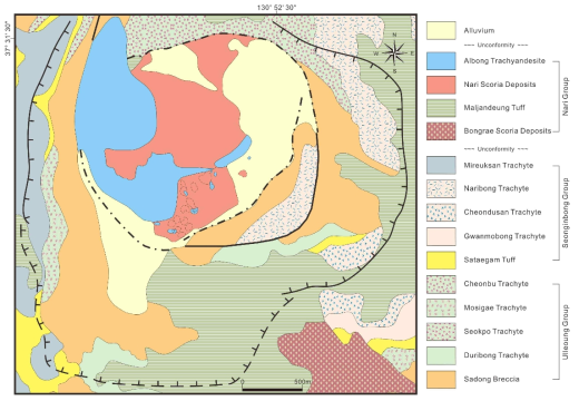 Geological map of Nari caldera region, showing the bounding ring faults and topographic rims