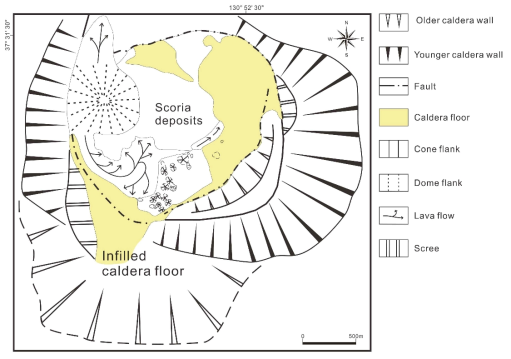 Skeamatic map of the Nari caldera complex summarizing the main structural and morphological features of the calderas