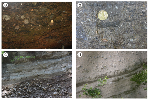 Main lithological images of collapse-maker deposits involved the Nari caldera complex. (a) Bongrae welded tuff occurred at the base of Bongrae Scoria Deposits in a valley over the Bongrae Fall; (b) Welded tuff lithology of a megablock at the base of landslide breccia outcropped in a valley west of Maljandeung; (c) Landslide breccia exposed below the Maljandeung Tuff in a valley west of Maljandeung; (d) Block-rich tuff breccia overlying crudely bedded lapill tuff in Member N-4