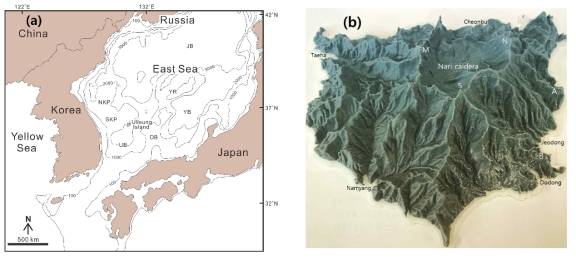 (a) Physiographic map of the East Sea showing the location of Ulleung Island. (b) Stereoscopic model of Ulleung Island showing its topography. M, Mireuksan; N, Naribong; S, Seonginbong