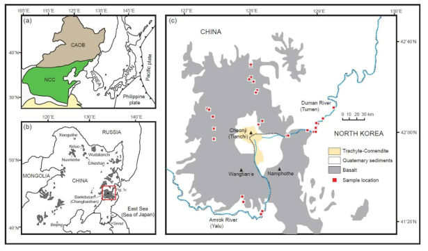 (a) Simplified geological map showing the major tectonic units of the North China Craton (NCC) and the Central Asia Orogenic Belt (CAOB) and their surrounding areas. (b) Distribution of Cenozoic volcanic rocks in northeastern China and on the Korean Peninsula, after Choi et al. (2017) and Yarmolyuk et al. (2015). (c) Sketch map showing the distribution of late Cenozoic volcanic rocks in the Baekdusan volcanic field (modified from Liu et al., 2015) and sample locations