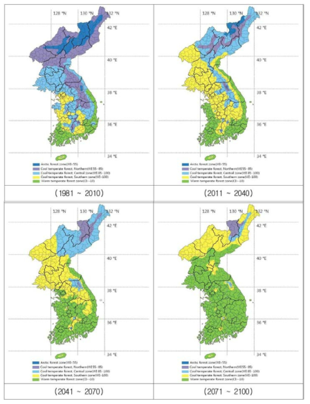RCP 8.5시나리오에 따른 한반도 산림 식생대의 분포 변화(김병도, 2016)