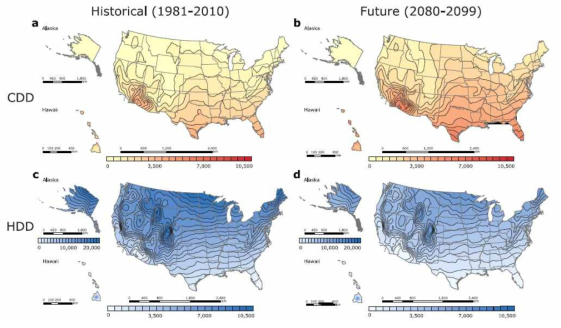 RCP8.5 시나리오에 따른 미국의 현재(1981~2010년)와 21세기 후반기(2080~2099)의 냉‧난방도일 분포(Petri and Caldeira, 2015)
