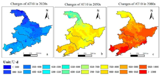 중국 북동부의 현재(1961~1990년) 대비 미래(2011~2040년, 2041~2070년, 2071~2100년)의 10℃ 기준온도를 적용한 유효적산온도 변화(Li et al., 2018)