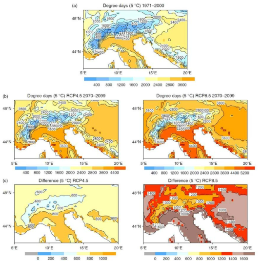 유럽의 현재(1971~2000년)와 미래(2070~2099년)의 5℃ 기준온도 생육도일 변화(Ruosteenoja et al., 2016)