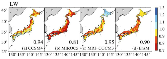 일본의 현재(1981~2000년) 대비 미래(2081~2100년)의 엽면수분 지속시간 변화(Yoshida et al., 2014)