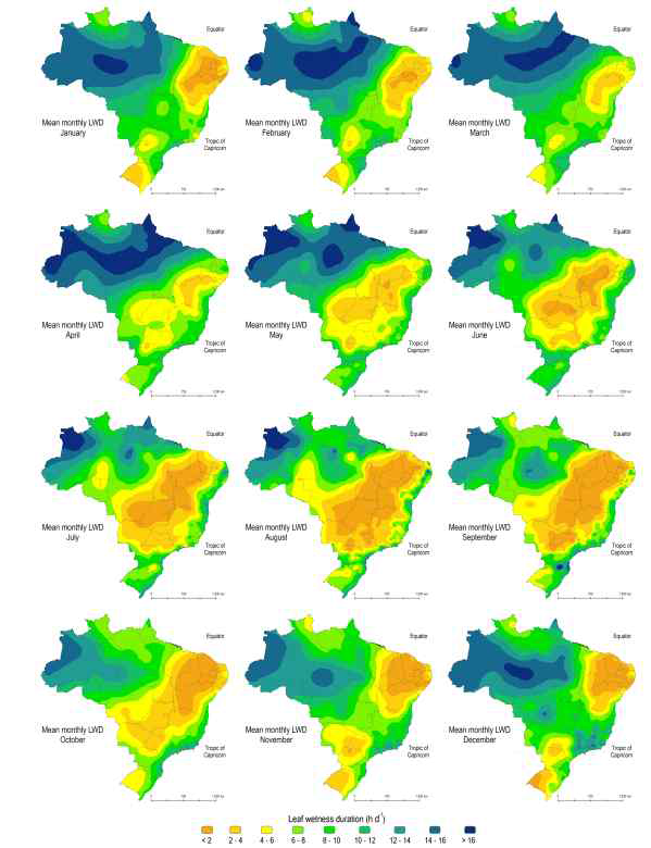 브라질의 월별 엽면수분지속시간 변동(Alvares et al., 2015)