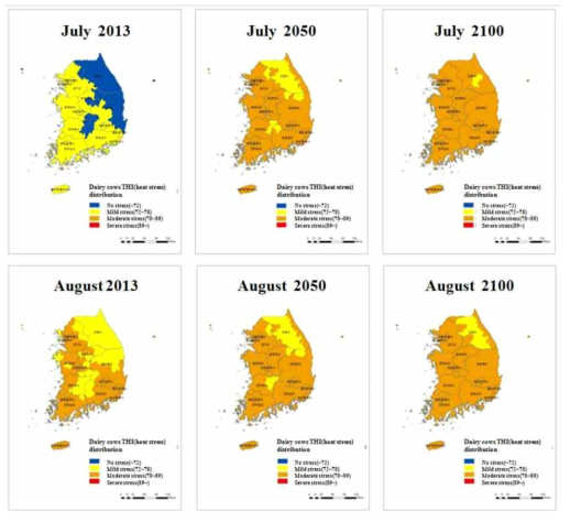 현재(2013년)와 미래(2050년, 2100년) 7월과 8월의 온습도지수 분포(김별 외, 2014)