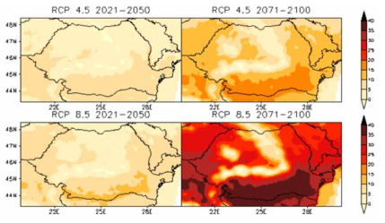 루마니아의 1971~2000년 대비 (위)RCP4.5, (아래)RCP8.5 시나리오 기준 미래 불쾌지수 80℃ 이상 발생일수의 변화(Velea et al., 2018)