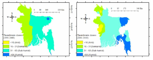 유효강우지수를 이용한 1990년대(좌)와 2000년대(우)의 기후지역 구분(Chowdhury, 2018)