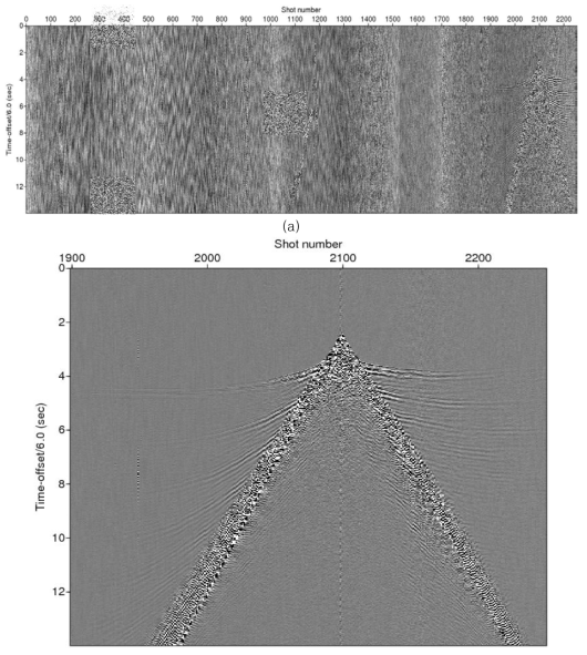 (a) OBS record section from the southern Yellow Sea. (b) Part of the record section used for faull-waveform inversion