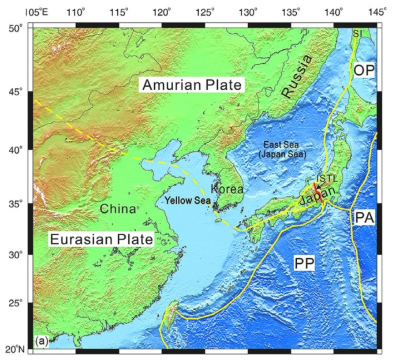 Plate boundaries in NE Asia (modified from Taira 2001). PA, PP, and OP = Pacific, Philippine Sea, and Okhotsk Sea plates; SI = Sakhalin Island; ISTL = Itoigawa-Shizuoka Tectonic Line. (From Kim et al., 2018)