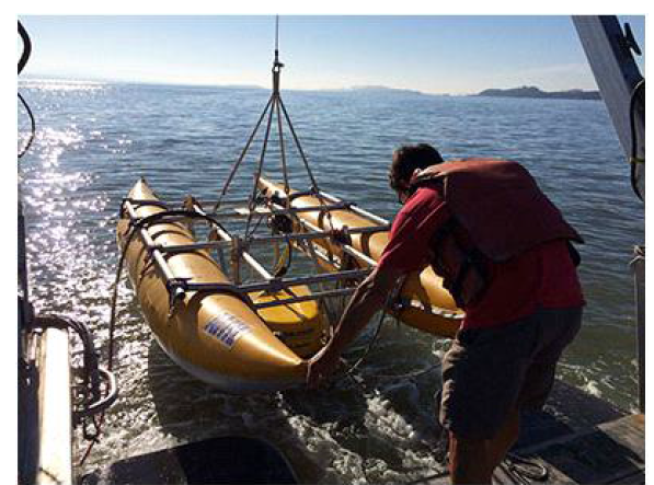 USGS scientist Jackson Currie deploys a chirp sub-bottom profiler (in the center) from R/V Parke Snavely. The chirp is attached to pontoons to keep the equipment from running aground in the shallow waters of San Pablo Bay, California. Photo by Janet Watt, USGS. (From https://walrus.wr.usgs.gov/geohazards/cennorcal.html)